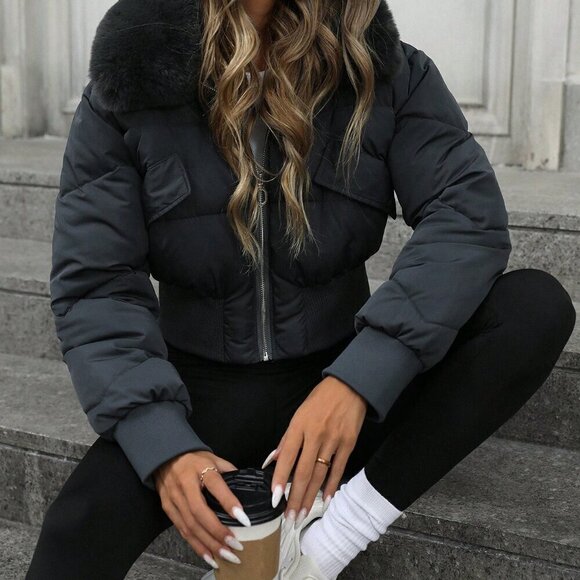 Dark Grey Chic Women's Cropped Collar Gathered Waist Faux Fur Trim Bomber Jacket - Picture 4 of 6